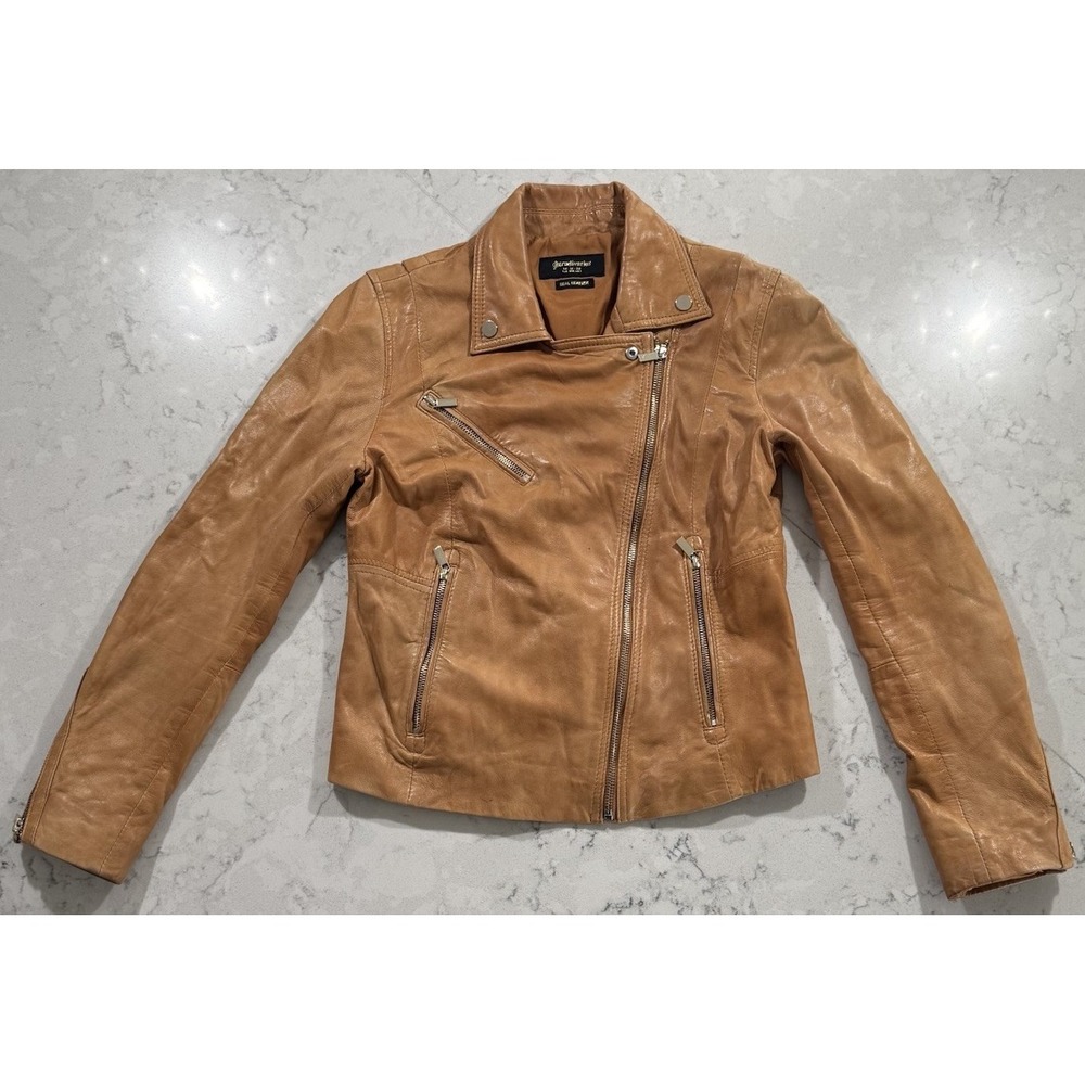 Stradivarius Genuine Leather Biker Jacket Womens Medium Tan Cognac Moto Chic
